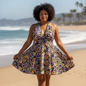 I.f. Women's 18W Floral Halter Neck Tankini Swim Top Black Multi Color